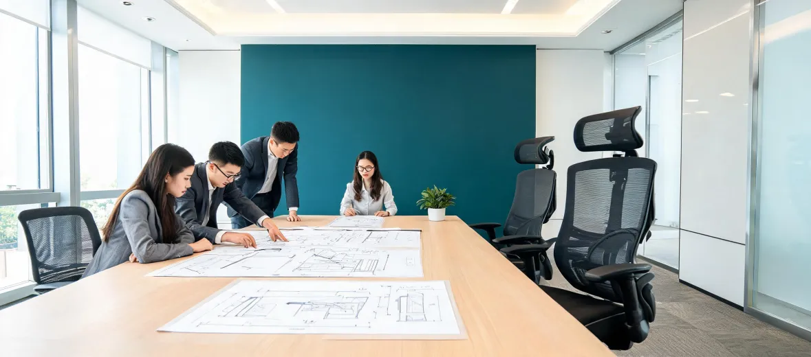 Workspace planning team reviewing adjustable desk standards